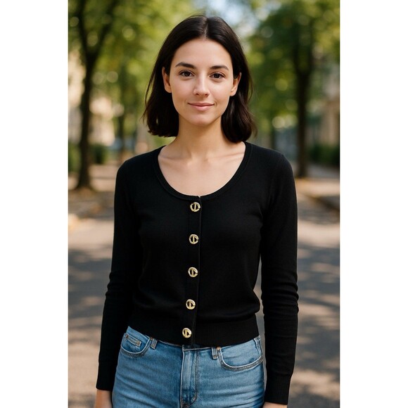 Women’s Black Gold Grommet Toggle 3/4 Sleeve Cropped Cardigan Classic Preppy Lg - Picture 2 of 9